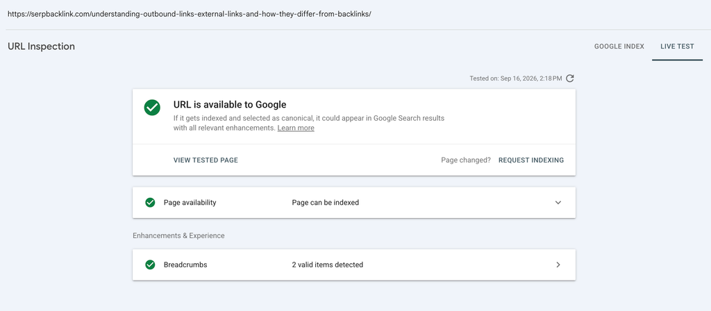 URL Inspection Tool Test Live URL in Google Search Console